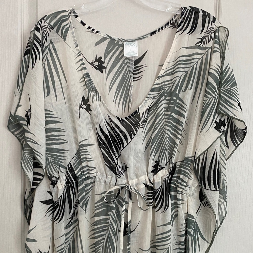 Kona Sol Womens Palm Leaf Kaftan Swim Cover Up V-Neck Drawstring Black White - S - Picture 6 of 12